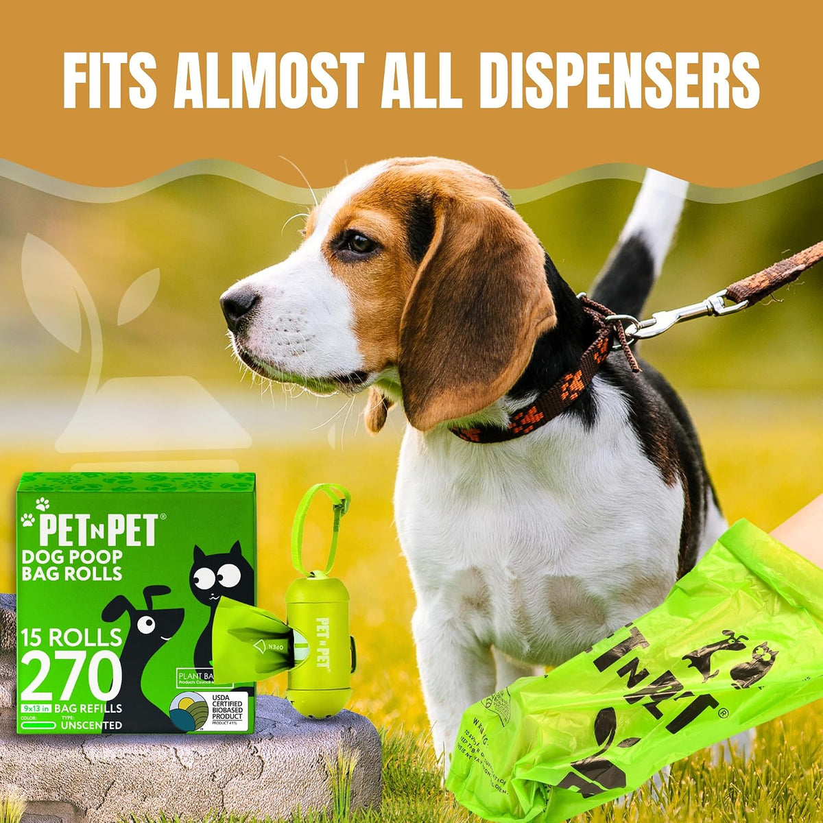 Dog Poop Bags Rolls, 270 Count, Plant Based, Unscented, Green