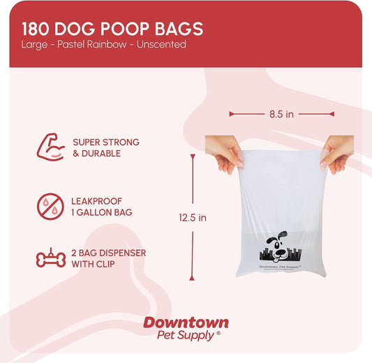 Unscented Poop Bags for Dogs with Dispenser, 180 Count - Leak-Proof Dog Waste Bags and Bone-Shaped Dog Poop Bags Holder for Leash - Pastel Rainbow, 12.5" X 8.5"
