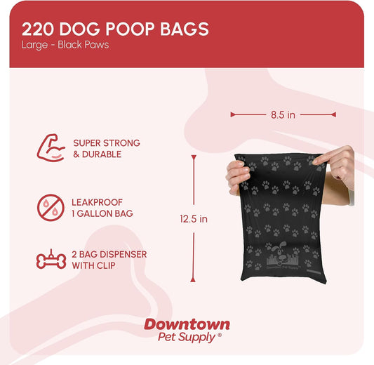 Poop Bags for Dogs with Dispenser, 220 Count - Leak-Proof Dog Waste Bags and Bone-Shaped Dog Poop Bags Holder for Leash - Black with Paw Prints, 12.5" X 8.5"