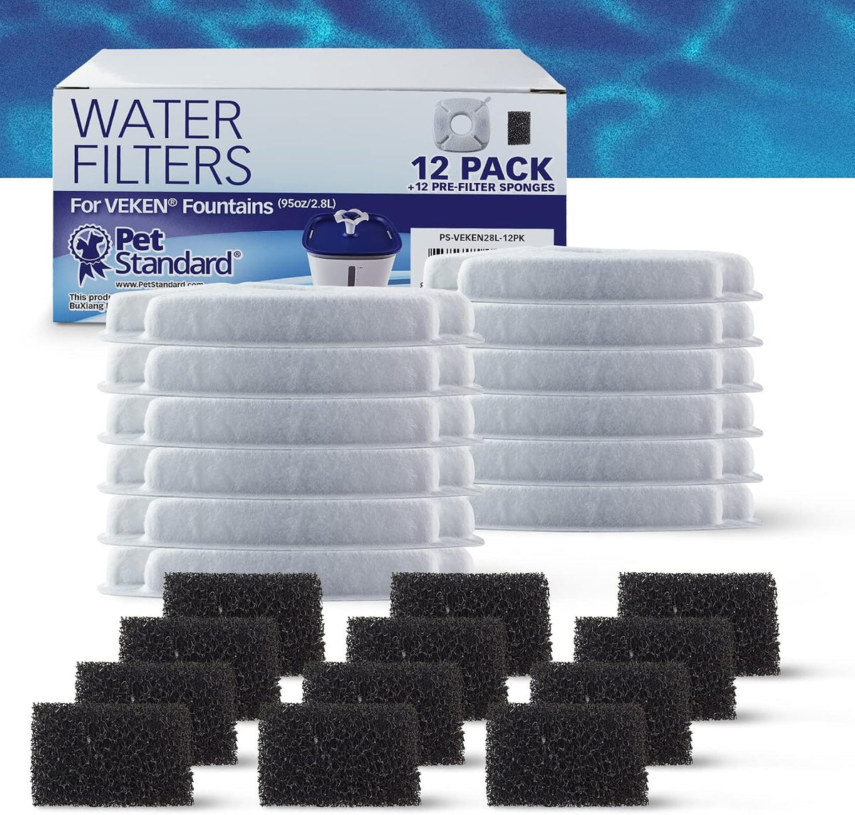 Filters for VEKEN 2.8L Fountain, 12-Pack | Compatible with VEKEN 95 Oz / 2.8 L Automatic Pet Fountains.