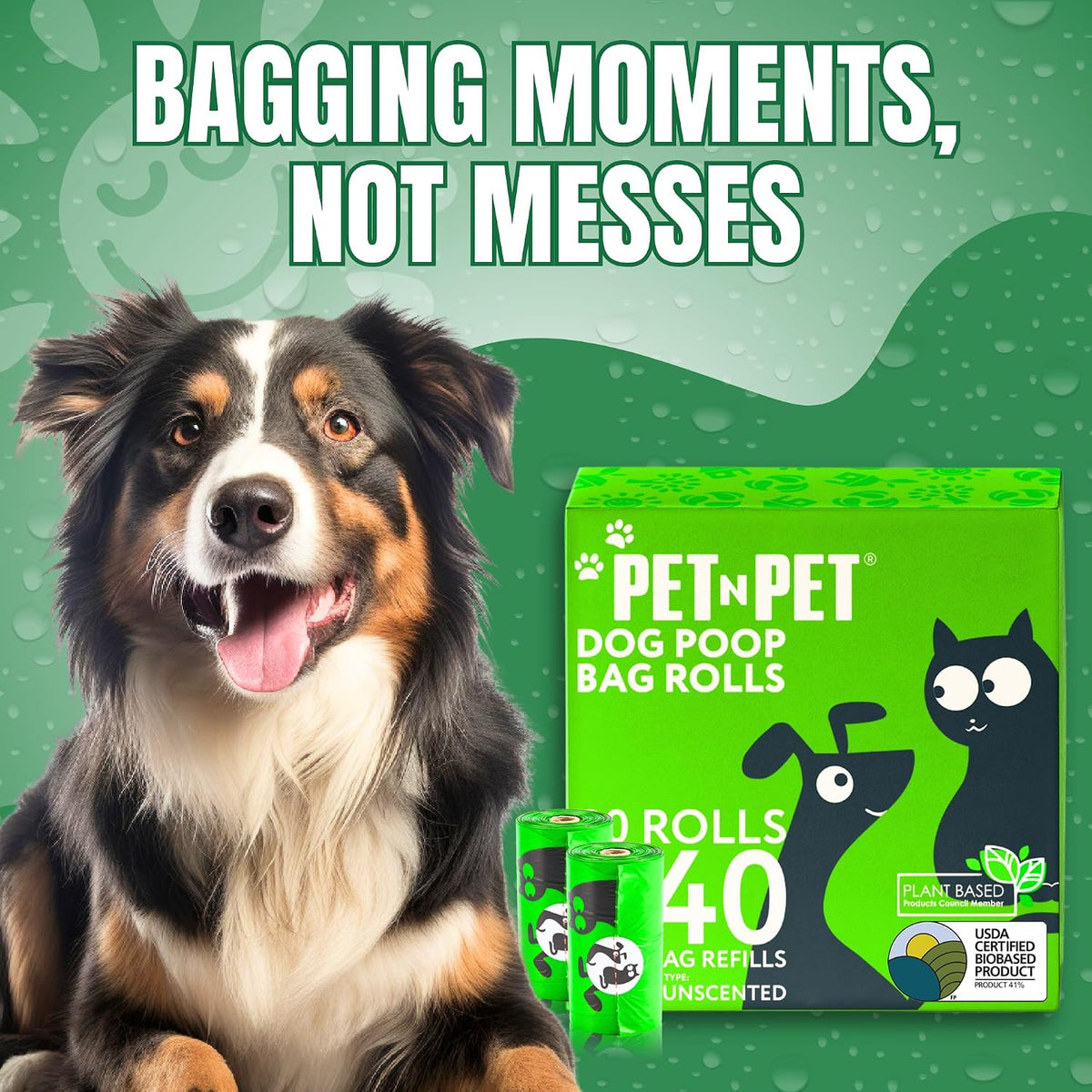 Dog Poop Bags Rolls, 540 Count, Plant Based, Unscented, Green