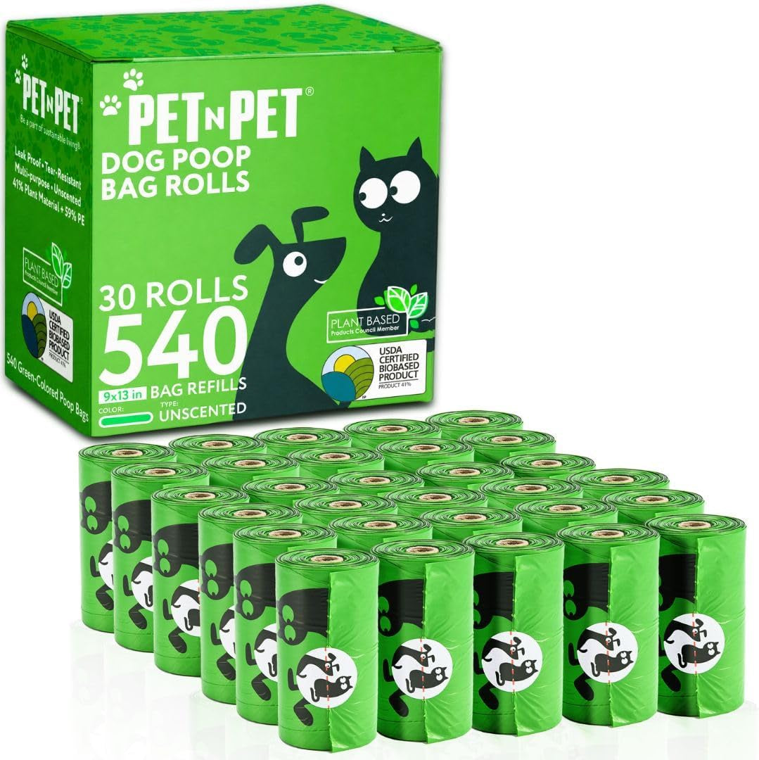 Dog Poop Bags Rolls, 540 Count, Plant Based, Unscented, Green
