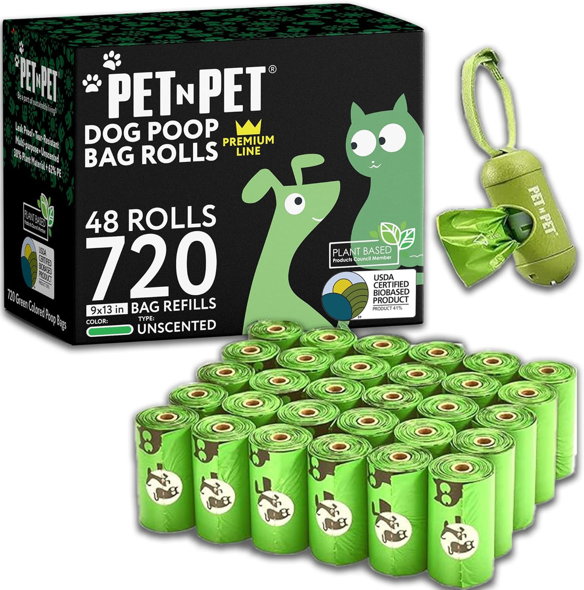 Dog Poop Bags Rolls, 720 Count, Unscented, with Dispenser Thick