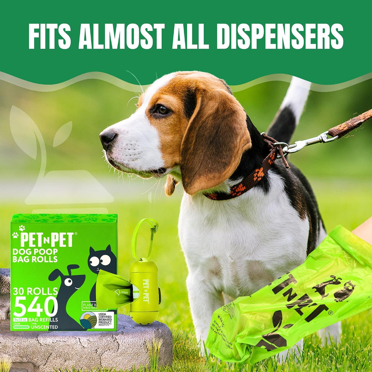 Dog Poop Bags Rolls, 540 Count, Plant Based, Unscented, Green