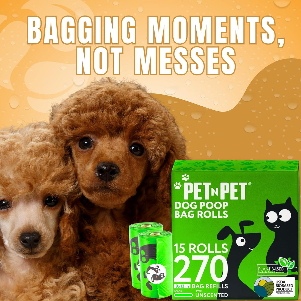 Dog Poop Bags Rolls, 270 Count, Plant Based, Unscented, Green