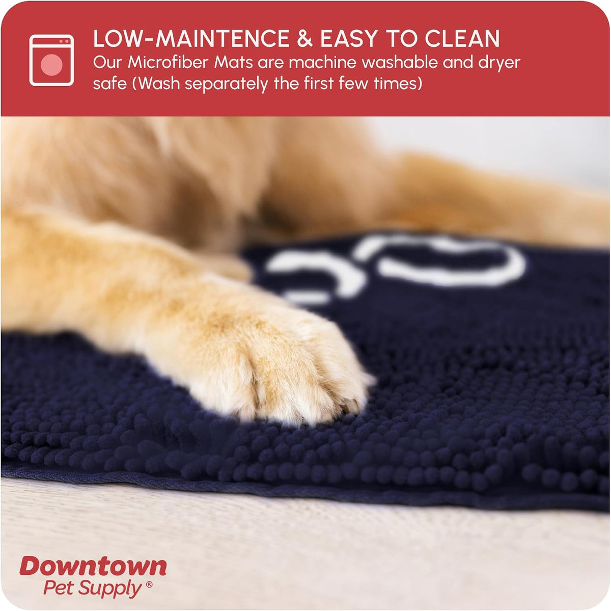 Microfiber Dog Mat for Muddy Paws, 36" X 26" Navy Blue with Paw Print - Absorbent, Quick-Drying, Washer and Dryer Safe - Non-Slip Rubber Backed Pet Cleaning Mat, Large