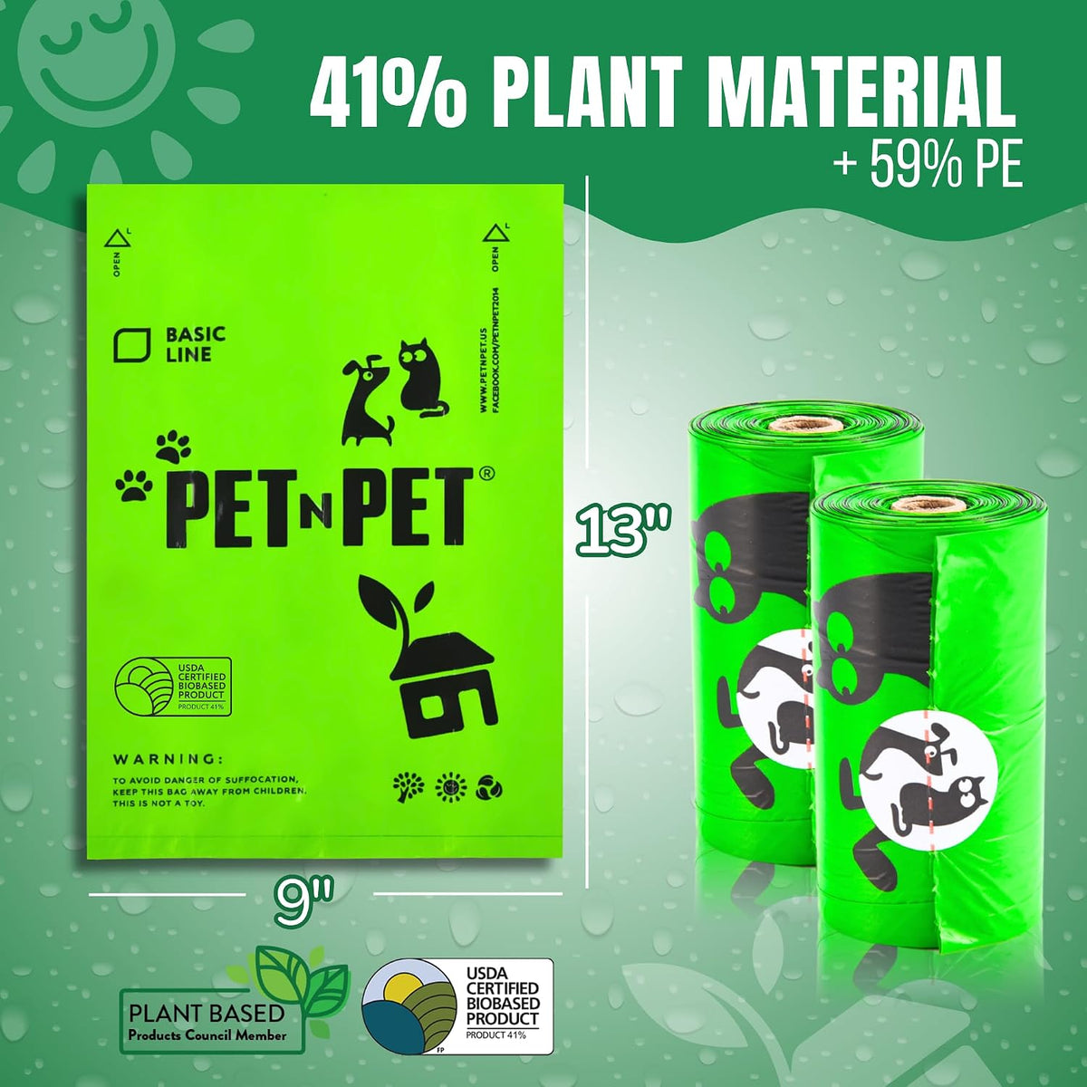 Dog Poop Bags Rolls, 540 Count, Plant Based, Unscented, Green