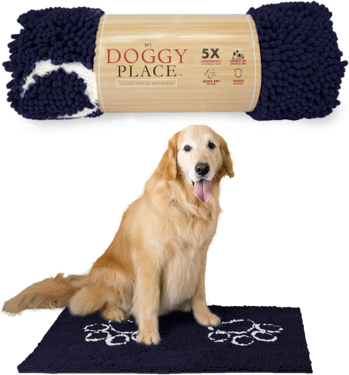 Microfiber Dog Mat for Muddy Paws, 36" X 26" Navy Blue with Paw Print - Absorbent, Quick-Drying, Washer and Dryer Safe - Non-Slip Rubber Backed Pet Cleaning Mat, Large