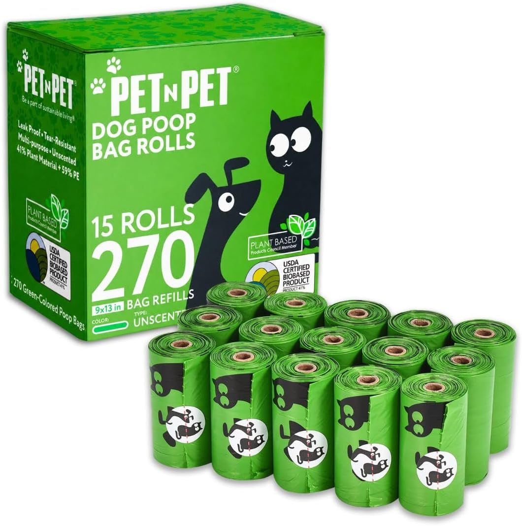 Dog Poop Bags Rolls, 270 Count, Plant Based, Unscented, Green
